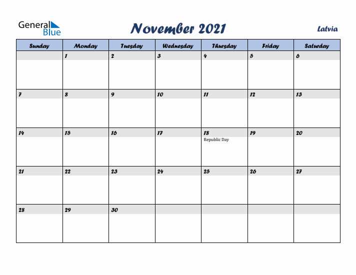 November 2021 Calendar with Holidays in Latvia