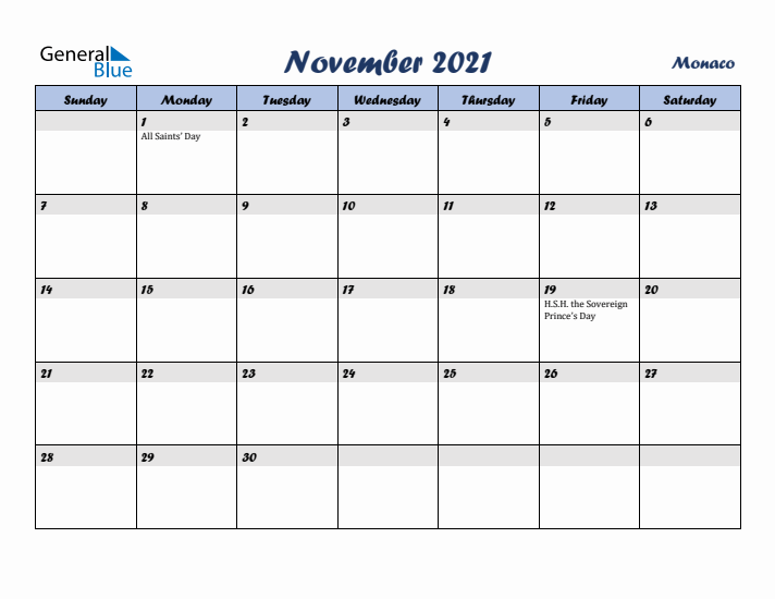 November 2021 Calendar with Holidays in Monaco
