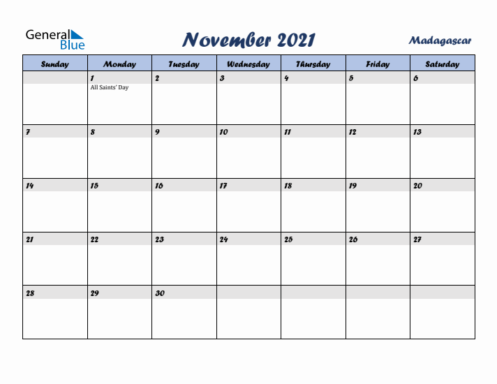 November 2021 Calendar with Holidays in Madagascar
