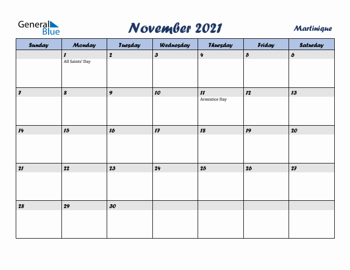 November 2021 Calendar with Holidays in Martinique