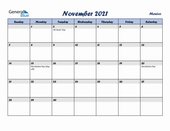 November 2021 Calendar with Holidays in Mexico