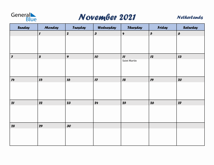 November 2021 Calendar with Holidays in The Netherlands