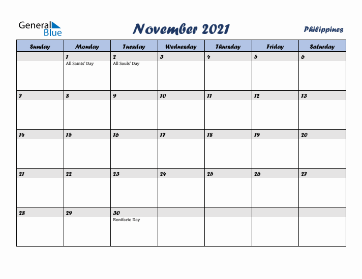 November 2021 Calendar with Holidays in Philippines