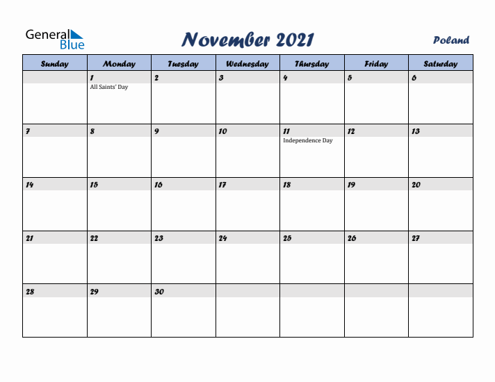 November 2021 Calendar with Holidays in Poland
