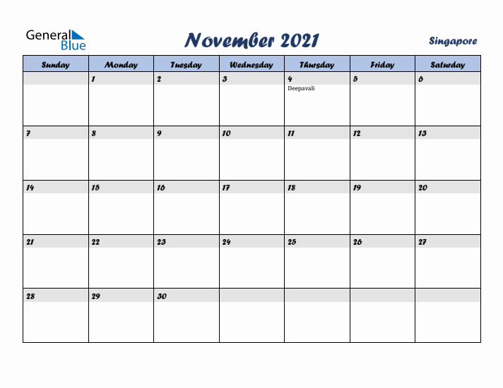 November 2021 Calendar with Holidays in Singapore