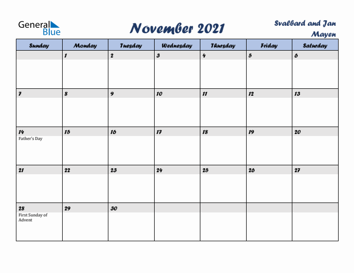 November 2021 Calendar with Holidays in Svalbard and Jan Mayen