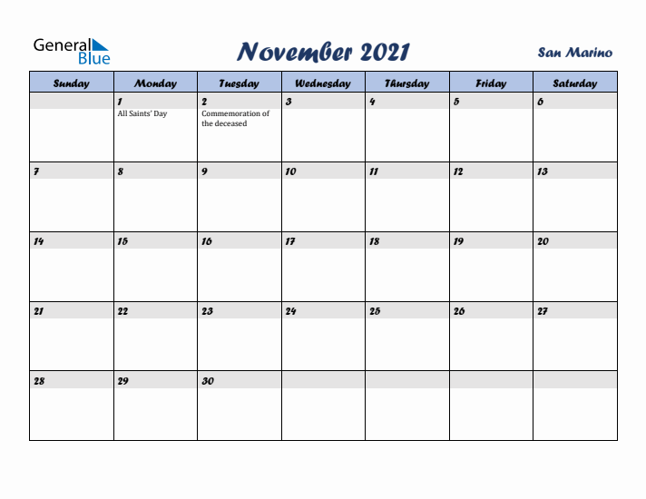 November 2021 Calendar with Holidays in San Marino