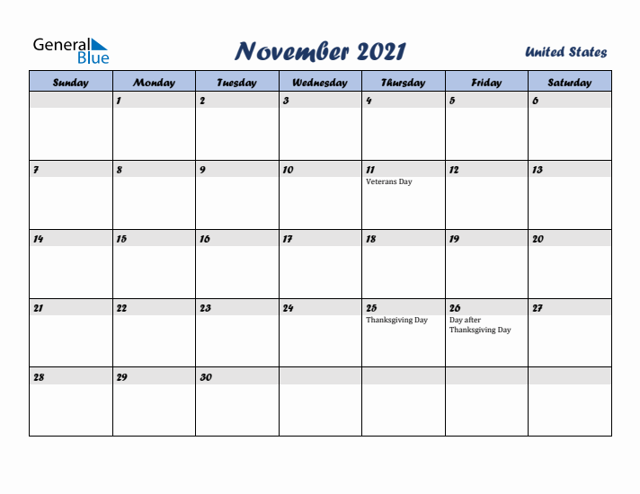 November 2021 Calendar with Holidays in United States