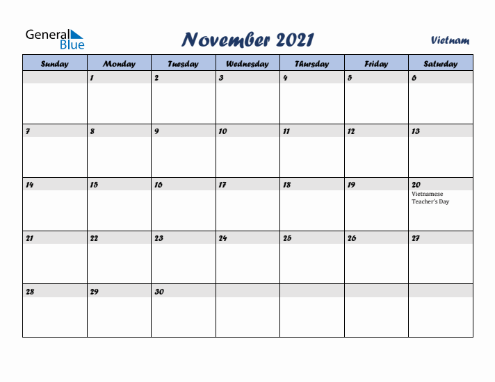 November 2021 Calendar with Holidays in Vietnam