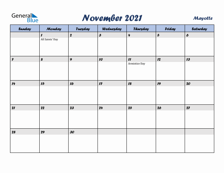 November 2021 Calendar with Holidays in Mayotte