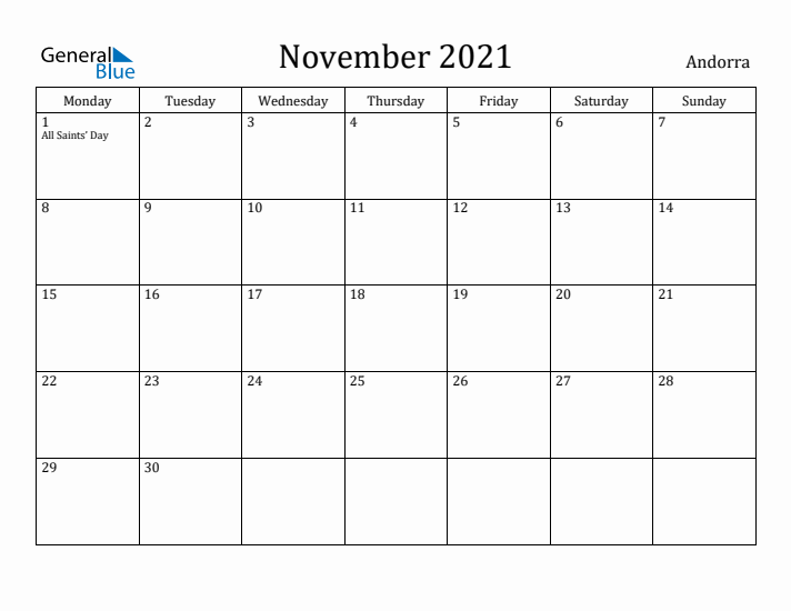 November 2021 Calendar Andorra