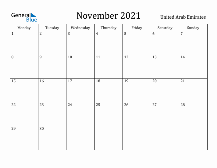 November 2021 Calendar United Arab Emirates