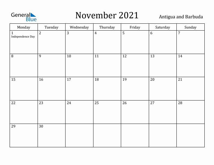 November 2021 Calendar Antigua and Barbuda