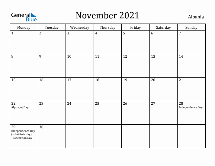 November 2021 Calendar Albania