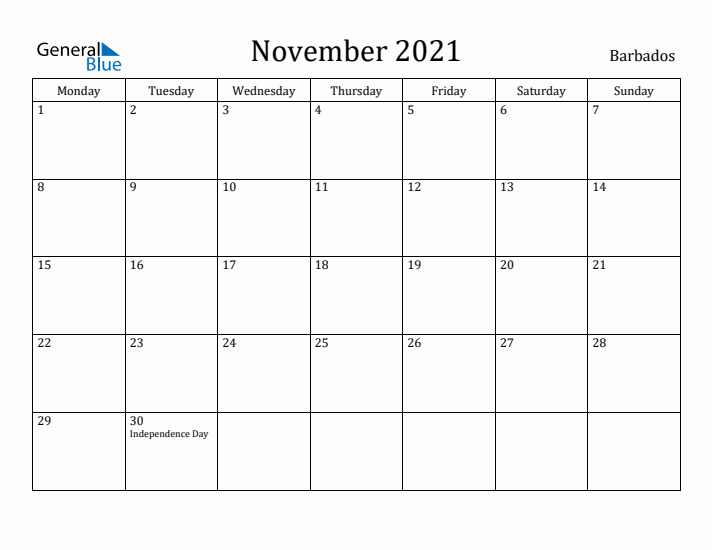 November 2021 Calendar Barbados