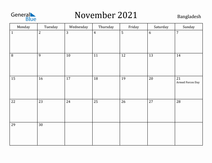 November 2021 Calendar Bangladesh
