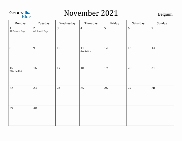 November 2021 Calendar Belgium