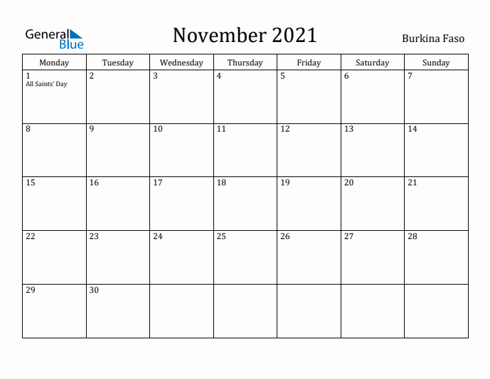 November 2021 Calendar Burkina Faso