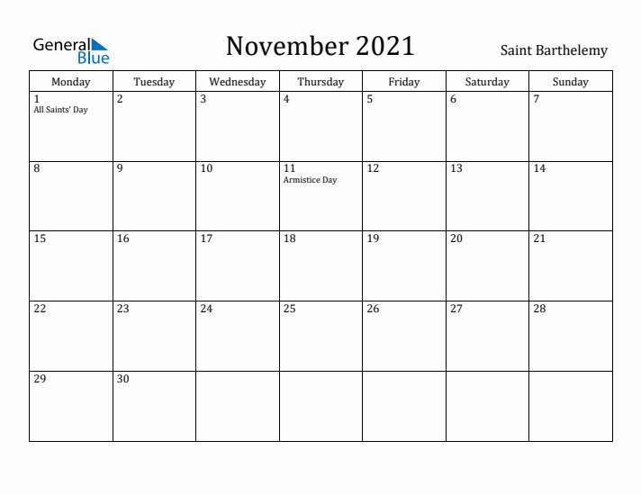 November 2021 Calendar Saint Barthelemy
