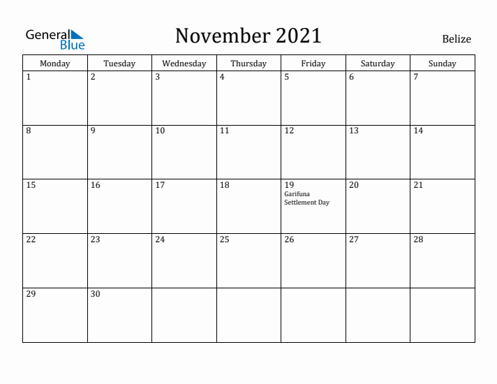 November 2021 Calendar Belize