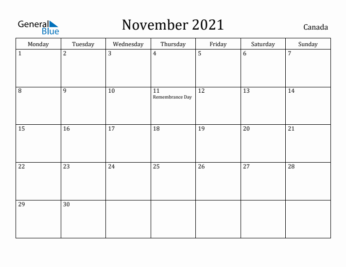 November 2021 Calendar Canada