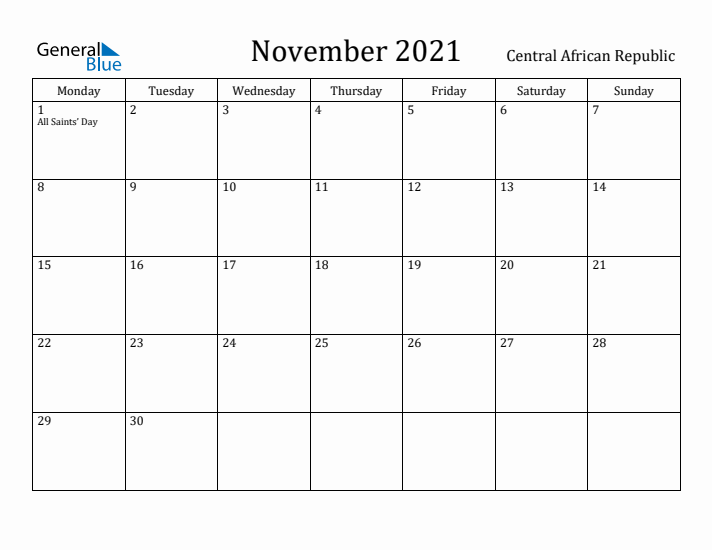 November 2021 Calendar Central African Republic