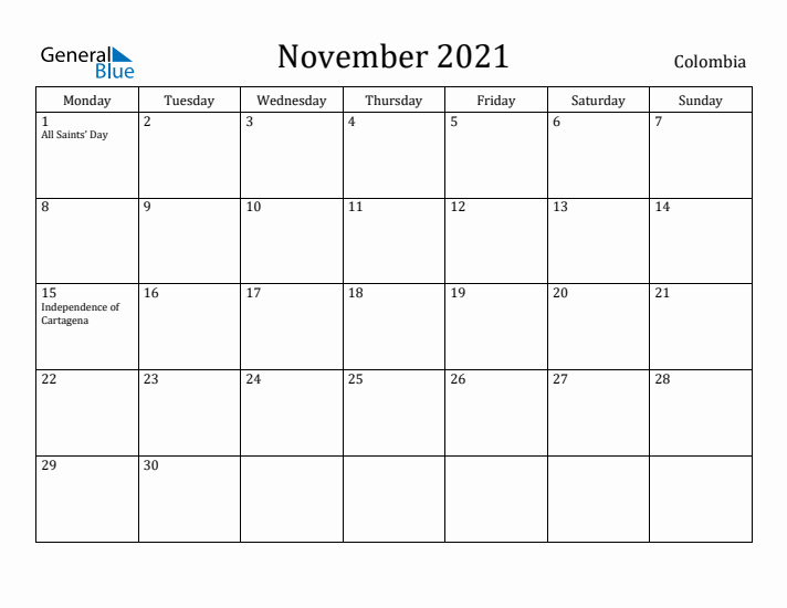 November 2021 Calendar Colombia