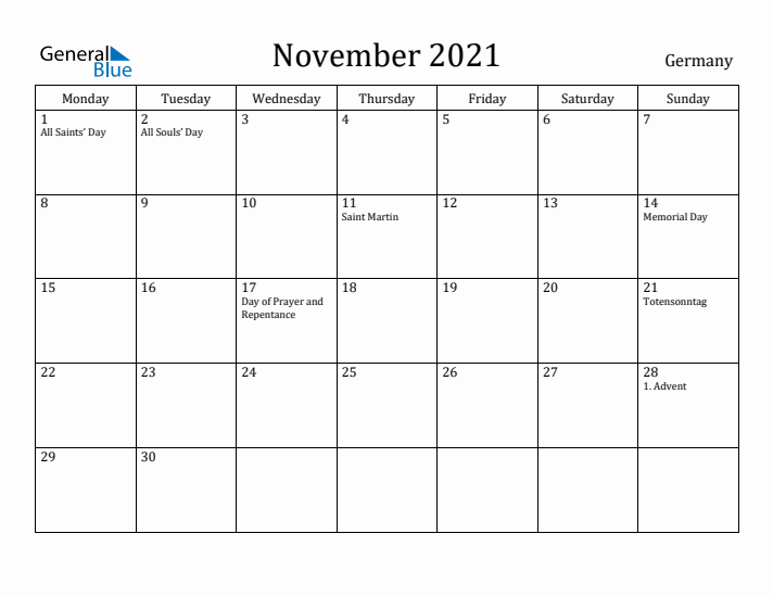 November 2021 Calendar Germany