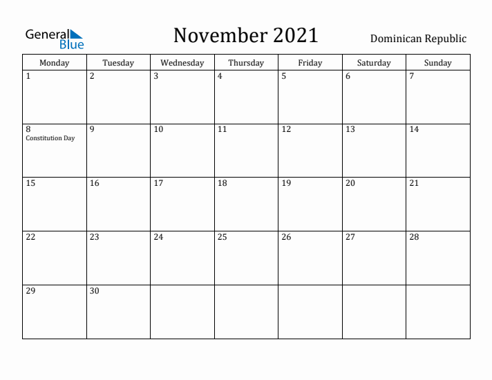November 2021 Calendar Dominican Republic