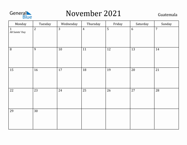 November 2021 Calendar Guatemala