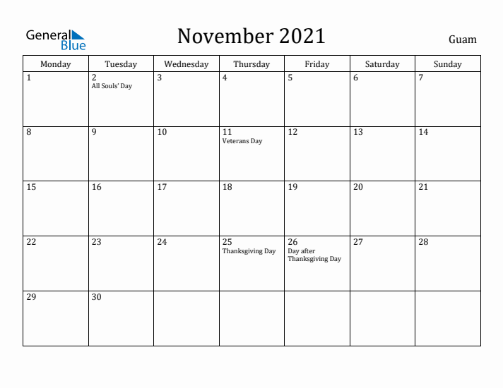 November 2021 Calendar Guam