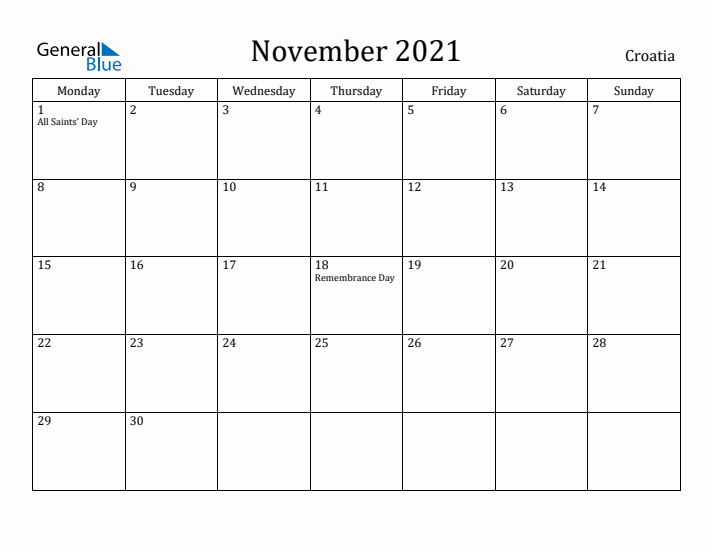 November 2021 Calendar Croatia