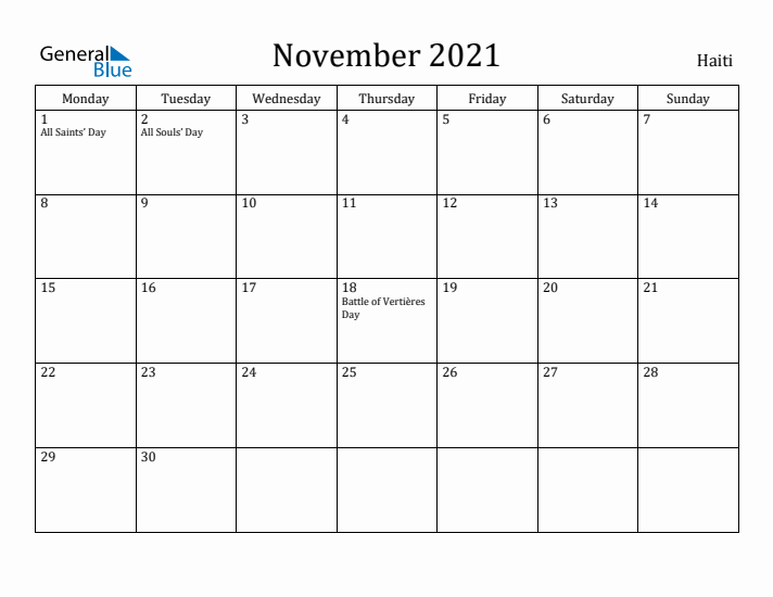 November 2021 Calendar Haiti