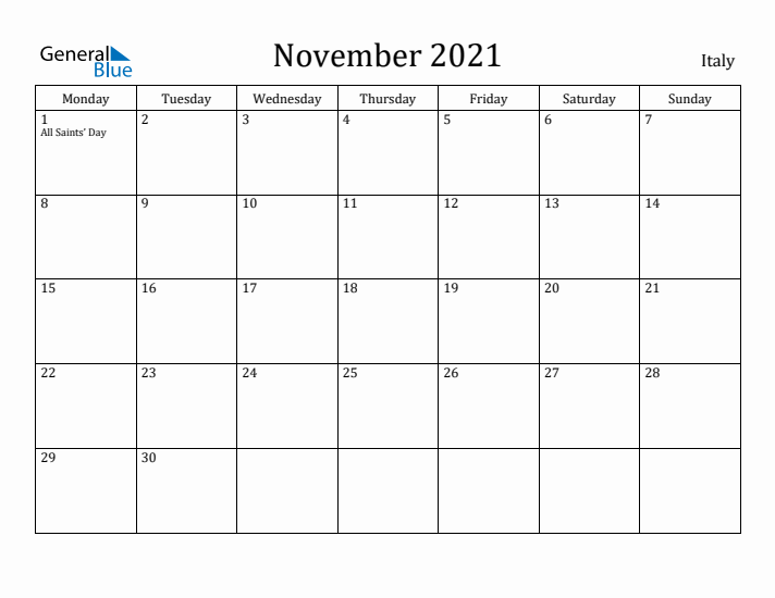November 2021 Calendar Italy