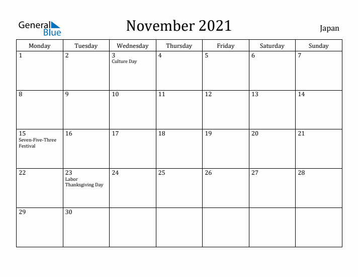 November 2021 Calendar Japan