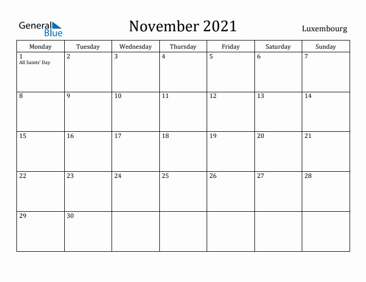 November 2021 Calendar Luxembourg
