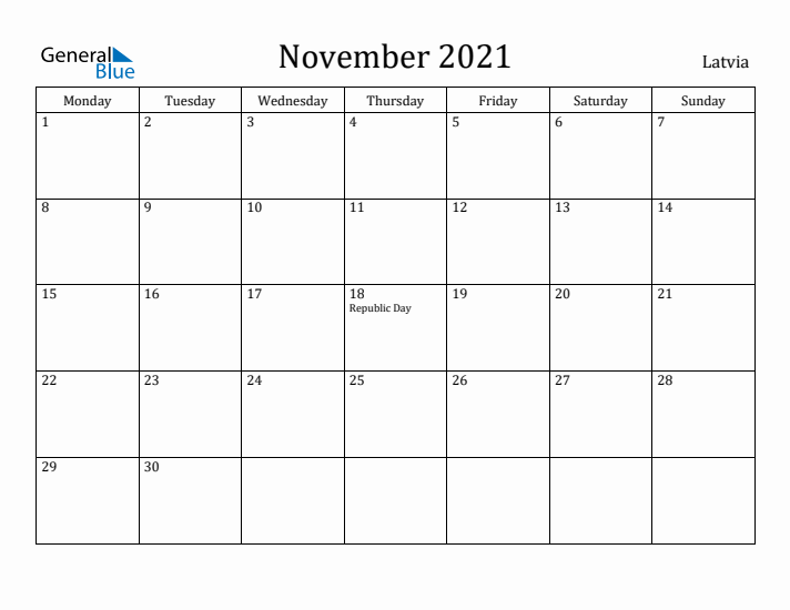 November 2021 Calendar Latvia