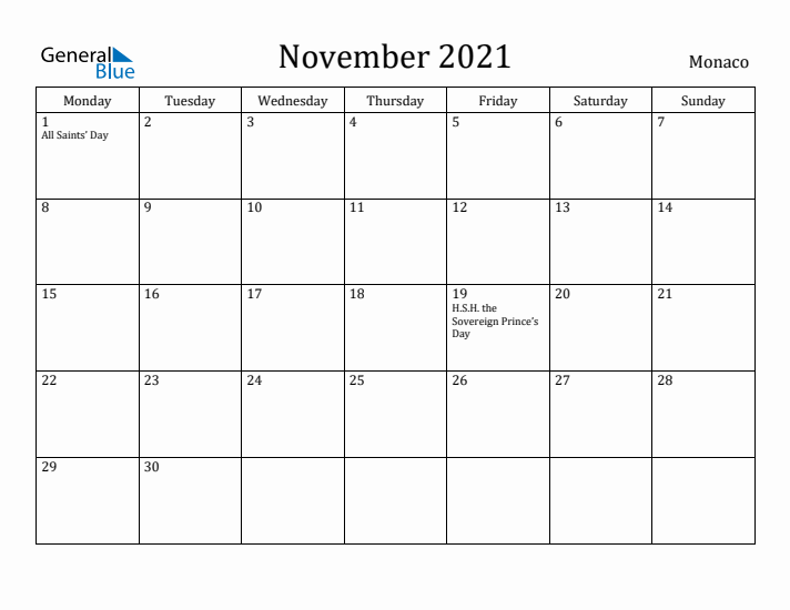 November 2021 Calendar Monaco