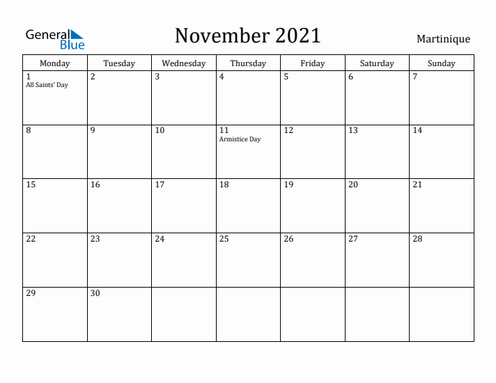 November 2021 Calendar Martinique