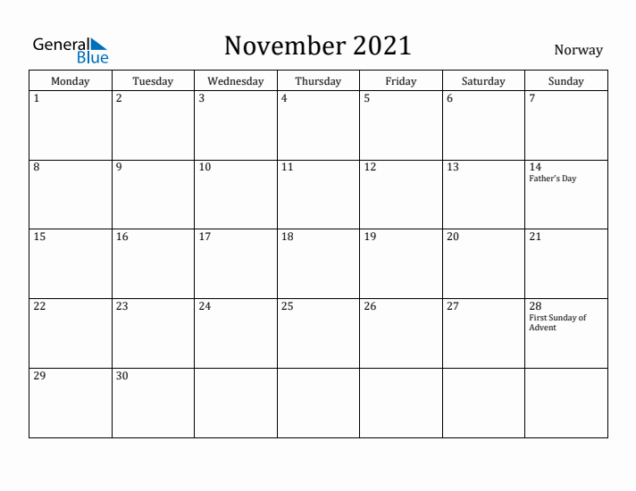 November 2021 Calendar Norway