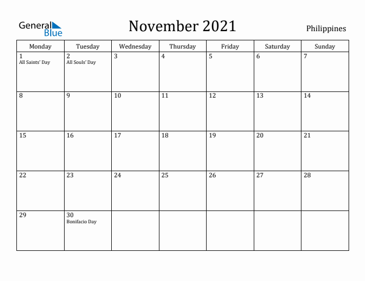 November 2021 Calendar Philippines