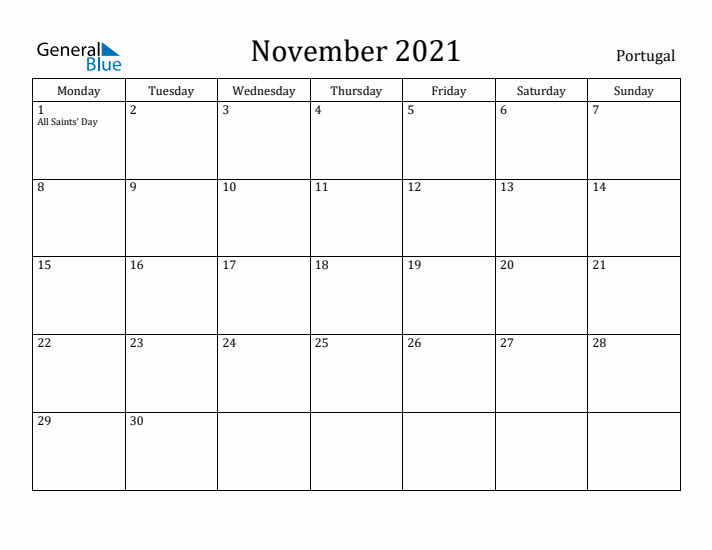 November 2021 Calendar Portugal