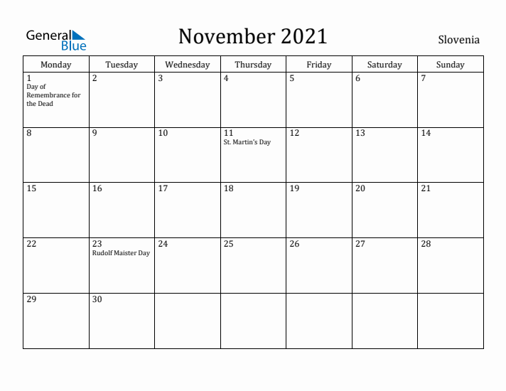 November 2021 Calendar Slovenia