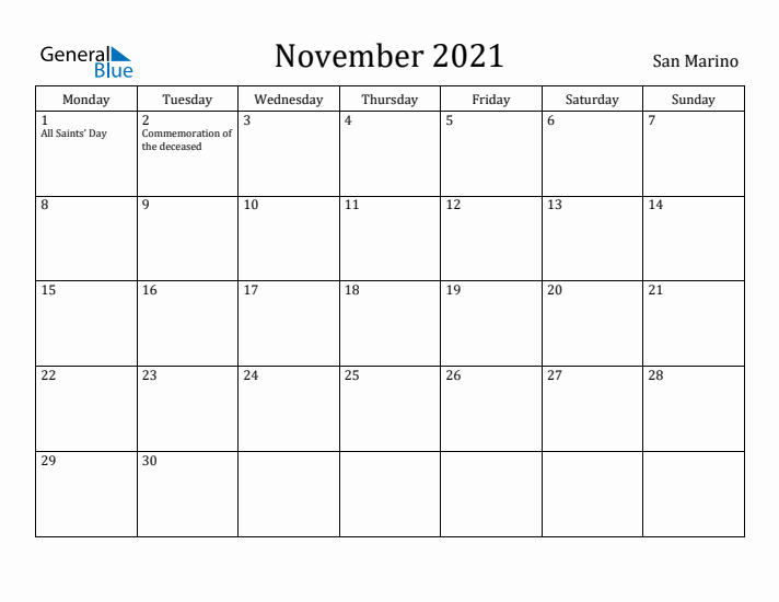 November 2021 Calendar San Marino