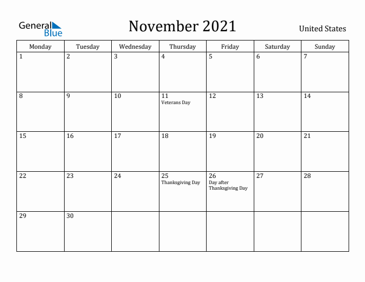 November 2021 Calendar United States