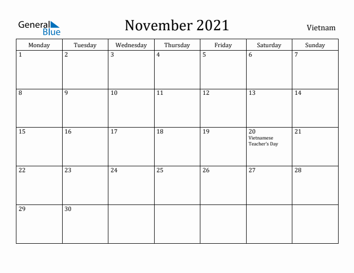 November 2021 Calendar Vietnam