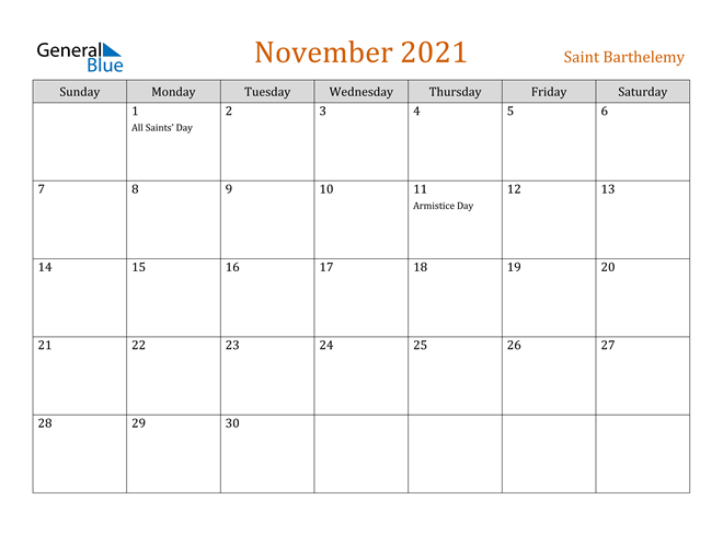 November 2021 Holiday Calendar