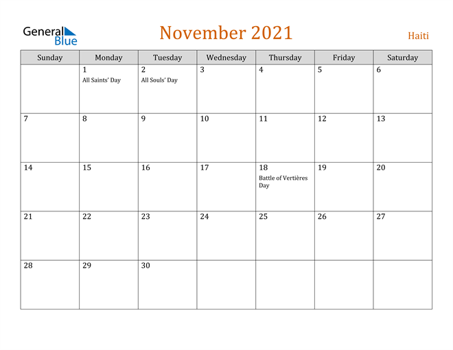 November 2021 Calendar - Haiti