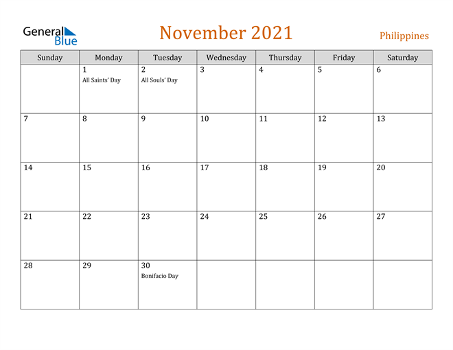 November 2021 Calendar - Philippines