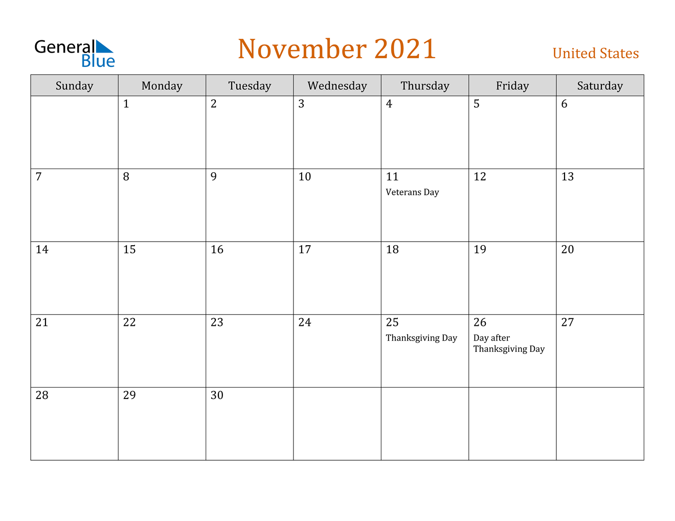 November 2021 Calendar United States